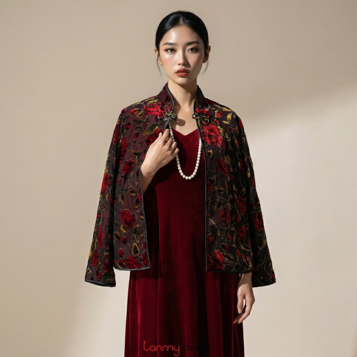 Áo khoác nhung 1 khuy ngắn hoa đỏ